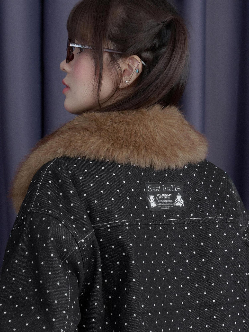 SagiDolls Black Polka Dot Detachable Fur Collar Women's Fleece Lined Fleece Jackets