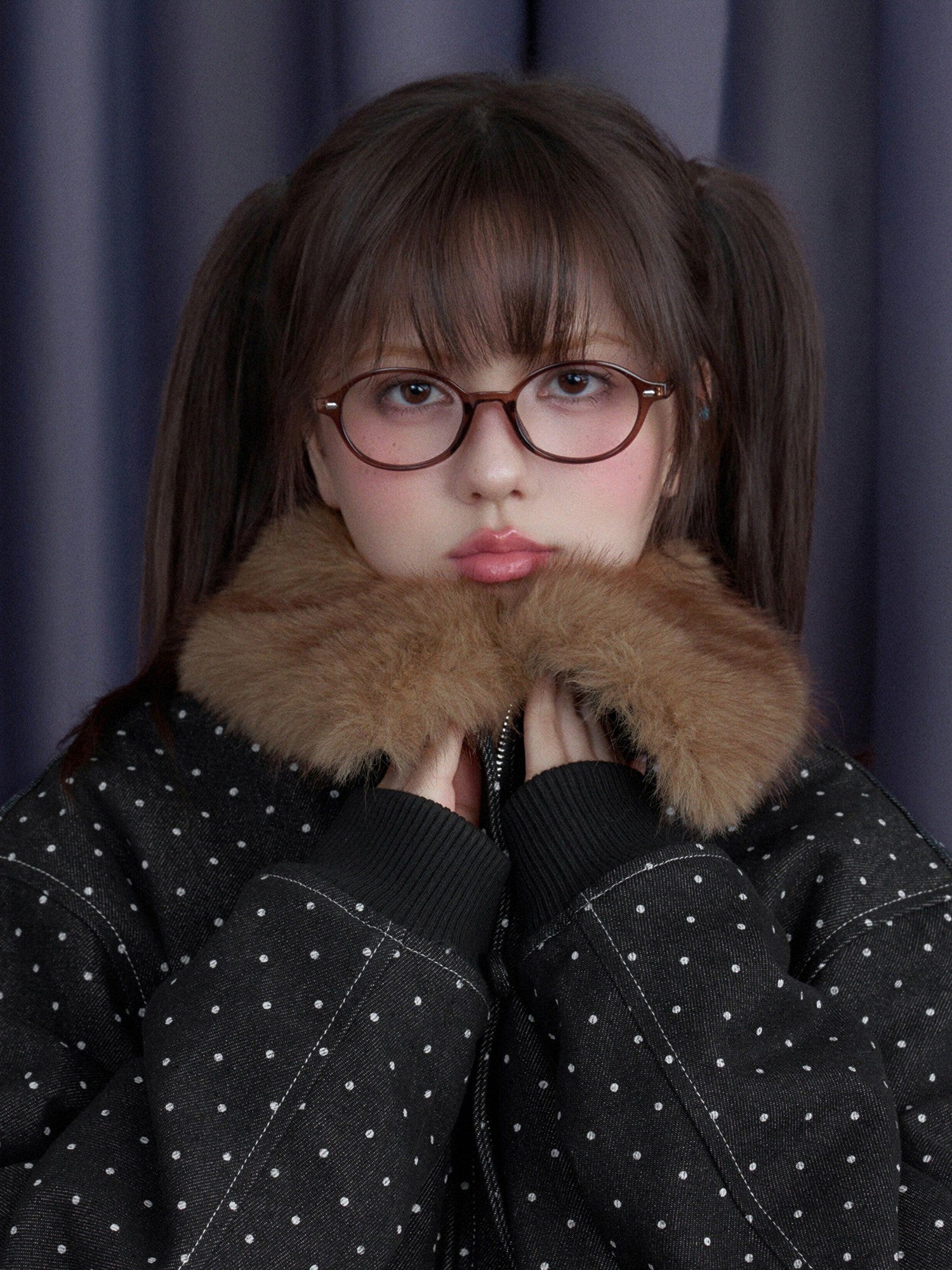 SagiDolls Black Polka Dot Detachable Fur Collar Women's Fleece Lined Fleece Jackets