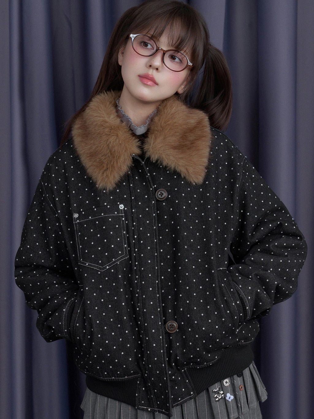 SagiDolls Black Polka Dot Detachable Fur Collar Women's Fleece Lined Fleece Jackets