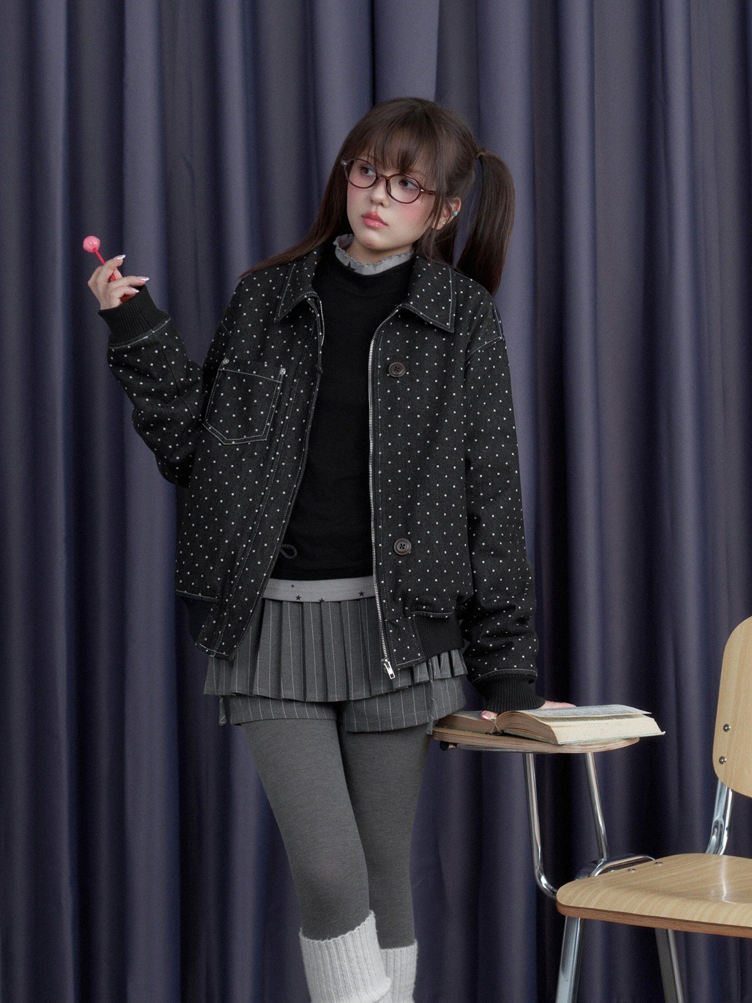 SagiDolls Black Polka Dot Detachable Fur Collar Women's Fleece Lined Fleece Jackets
