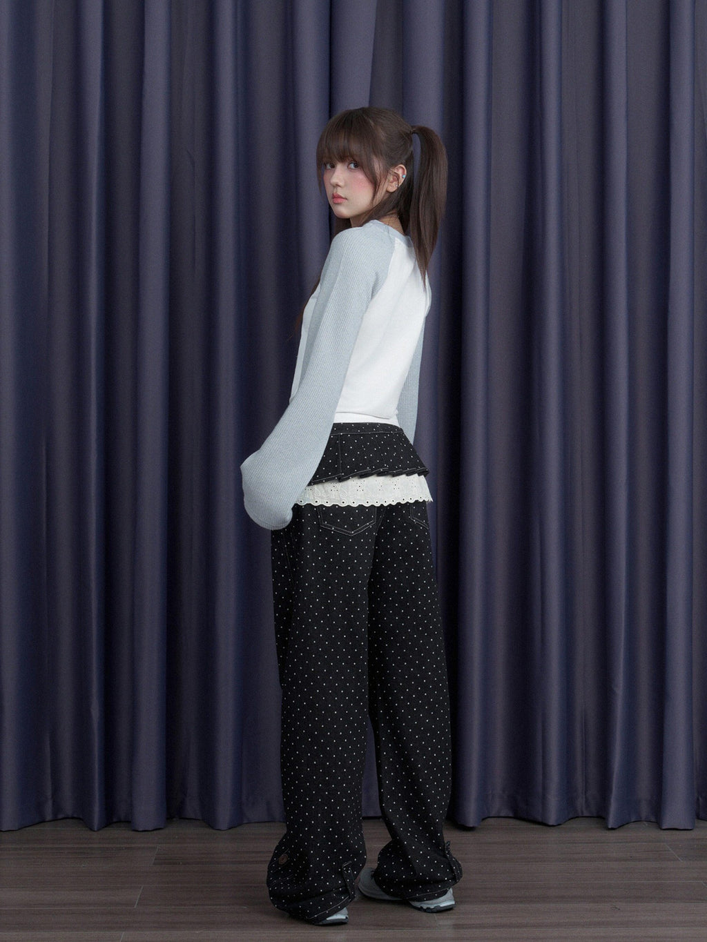SagiDolls Black Polka Dot Detachable Skirt Panel Button Detail Women's Denim Sweatpants