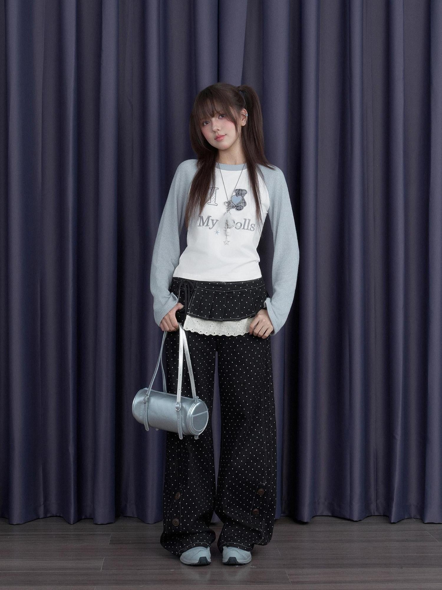 SagiDolls Black Polka Dot Detachable Skirt Panel Button Detail Women's Denim Sweatpants