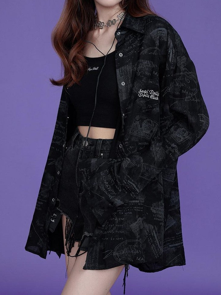 SagiDolls Black Printed Breathable Loose Point Collar Women's Viscose Blend Shirts