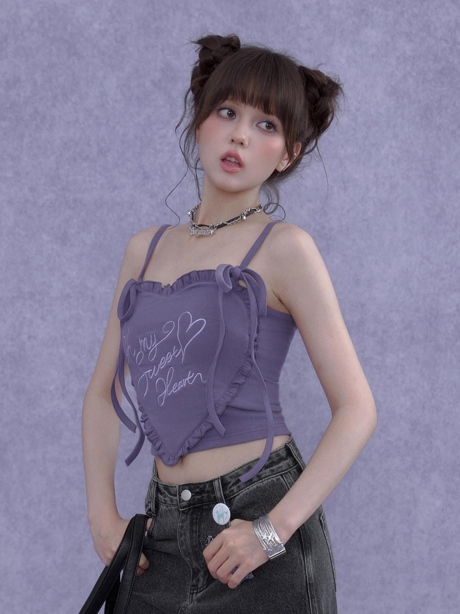 SagiDolls Black Purple 3d Heart Embroidered Women's Cotton Blend Tank Tops