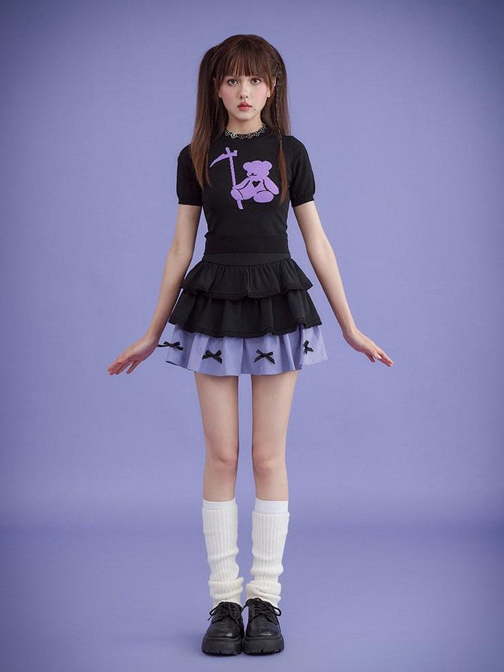 SagiDolls Black Purple Cartoon Bow Doll Sweet High Rise Women's Cotton Tiered Skirts