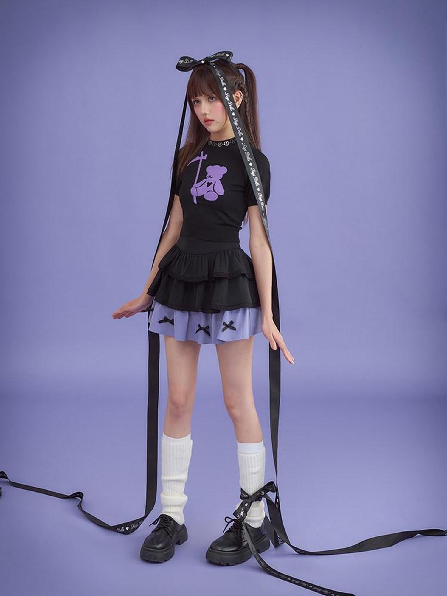 SagiDolls Black Purple Cartoon Bow Doll Sweet High Rise Women's Cotton Tiered Skirts