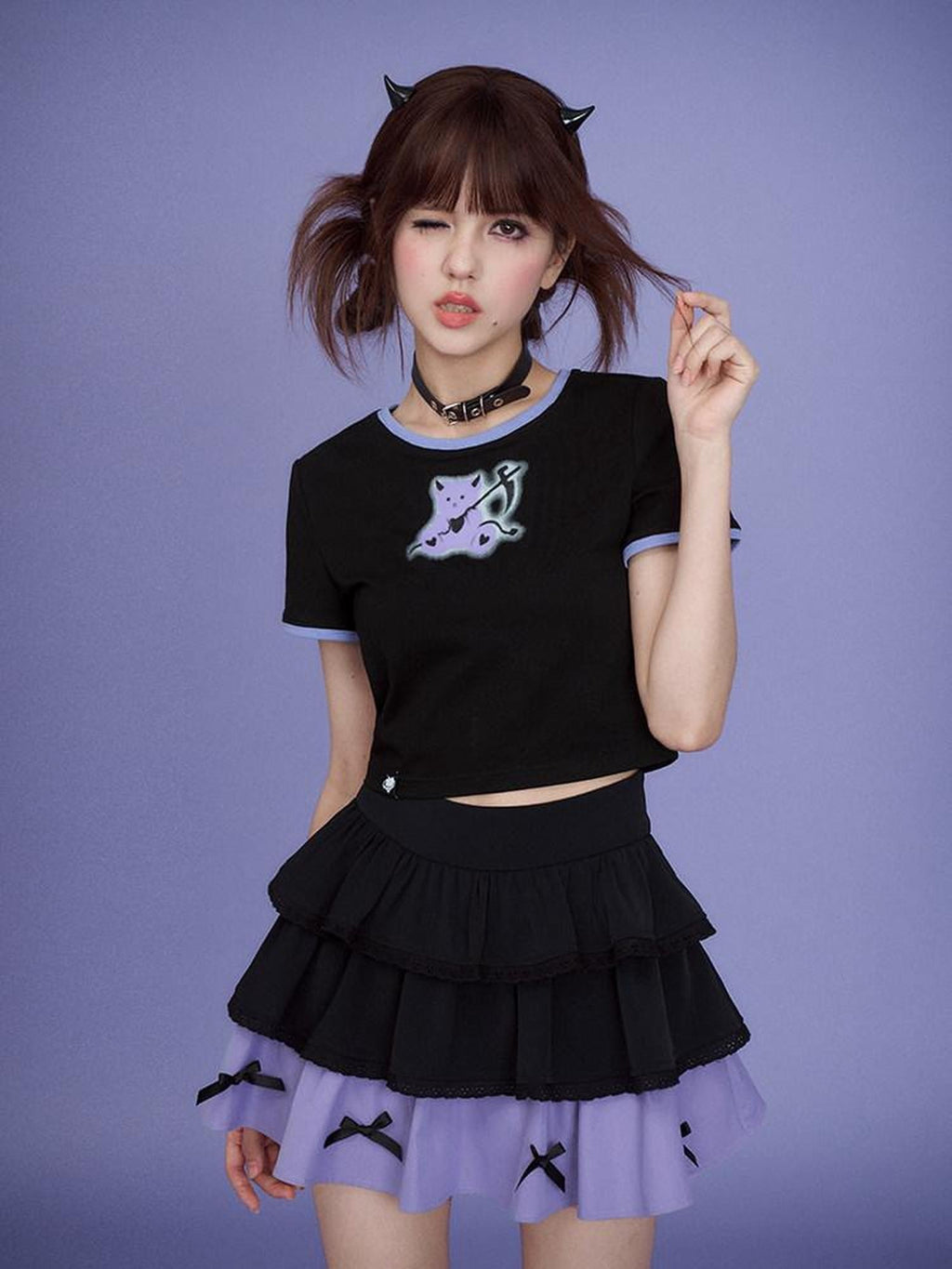 SagiDolls Black Purple Cartoon Bow Doll Sweet High Rise Women's Cotton Tiered Skirts