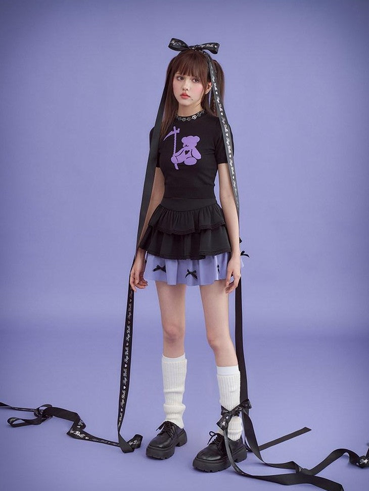 SagiDolls Black Purple Cartoon Bow Doll Sweet High Rise Women's Cotton Tiered Skirts