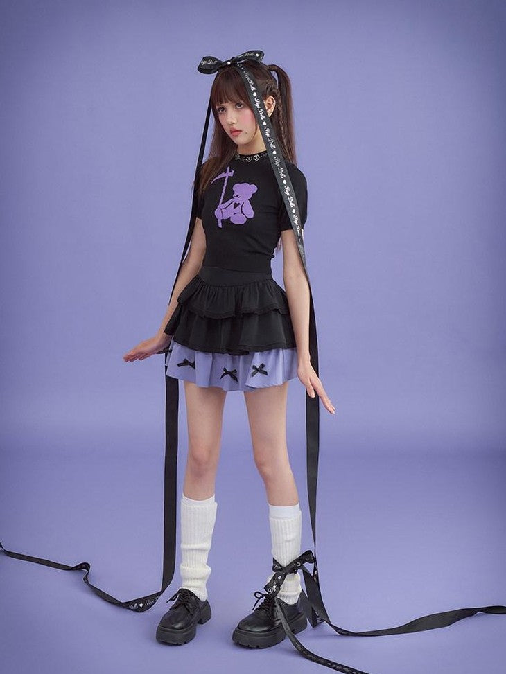 SagiDolls Black Purple Cartoon Bow Doll Sweet High Rise Women's Cotton Tiered Skirts