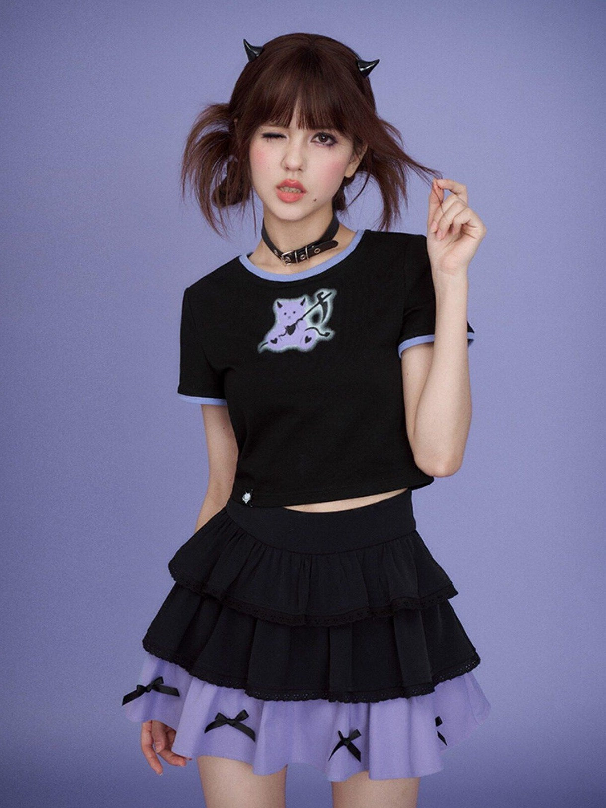 SagiDolls Black Purple Cartoon Bow Doll Sweet High Rise Women's Cotton Tiered Skirts