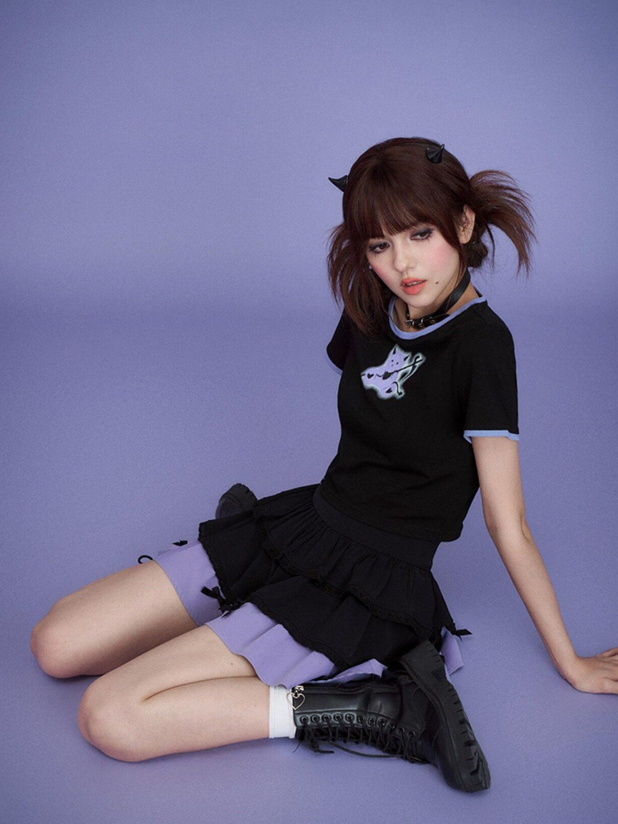 SagiDolls Black Purple Cartoon Bow Doll Sweet High Rise Women's Cotton Tiered Skirts