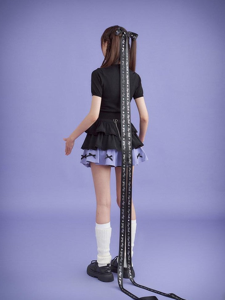 SagiDolls Black Purple Cartoon Bow Doll Sweet High Rise Women's Cotton Tiered Skirts