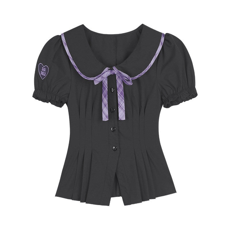 SagiDolls_Black_Purple_Check_Puff_Sleeve_Bow_Embroidered_Women's_Short_Sleeve_T-shirts_891598984626_MISSTT