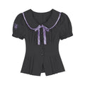 SagiDolls_Black_Purple_Check_Puff_Sleeve_Bow_Embroidered_Women's_Short_Sleeve_T-shirts_891598984626_MISSTT