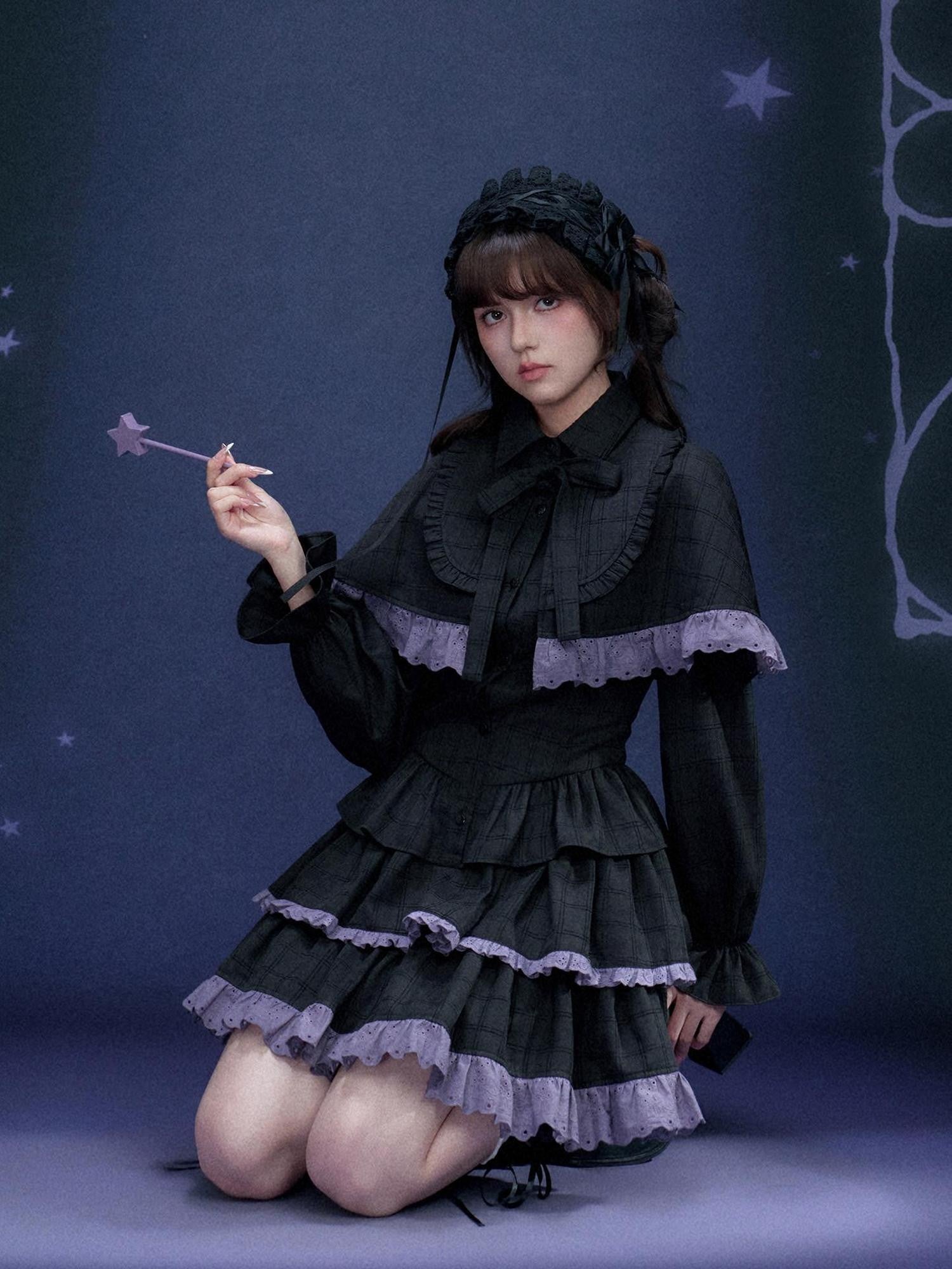 SagiDolls Black Purple Detachable Cape Tiered Skirt Women's Polyester Corset Mini Dresses