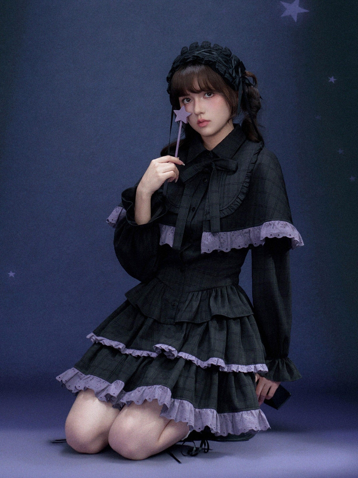 SagiDolls Black Purple Detachable Cape Tiered Skirt Women's Polyester Corset Mini Dresses