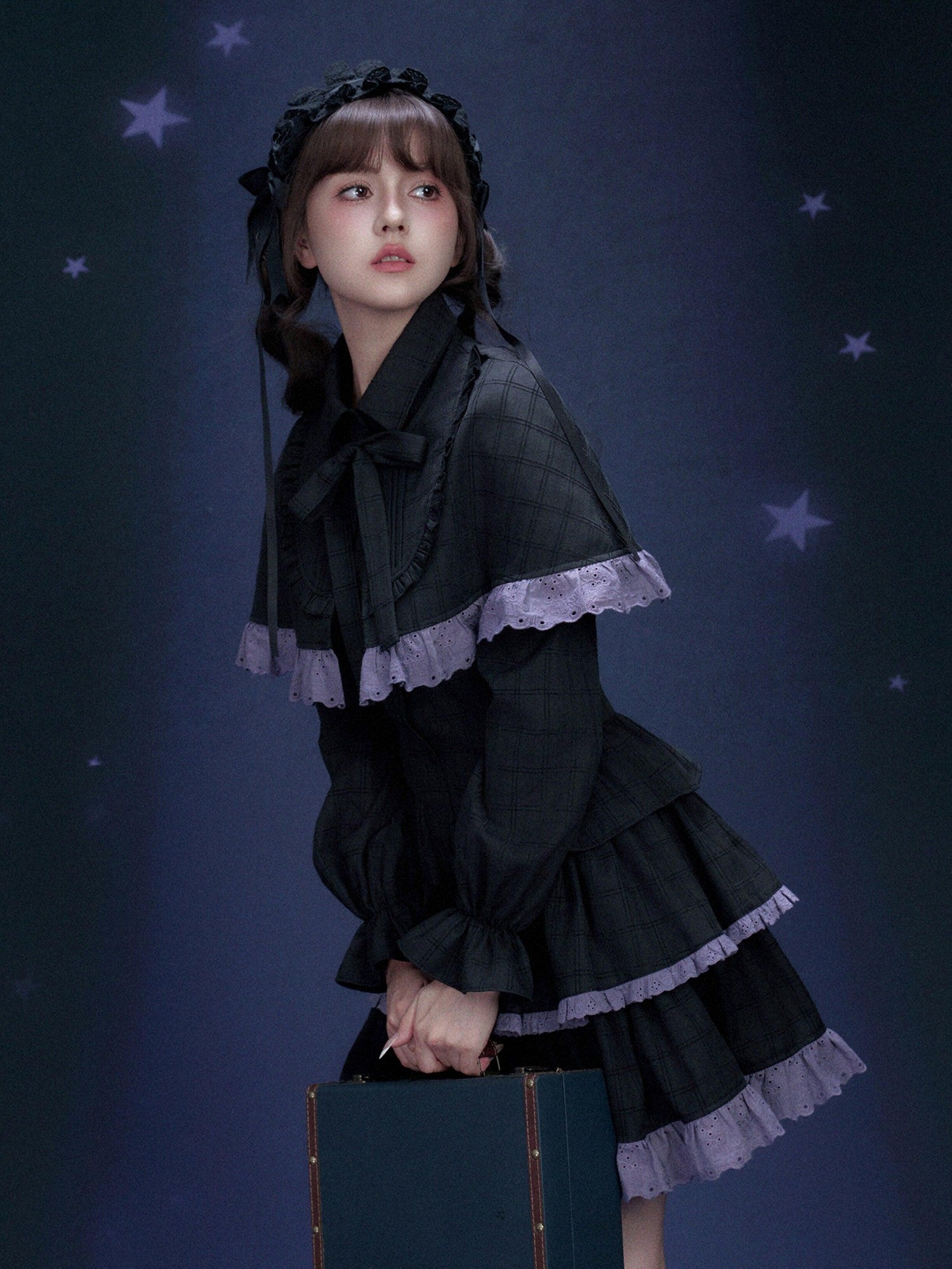 SagiDolls Black Purple Detachable Cape Tiered Skirt Women's Polyester Corset Mini Dresses