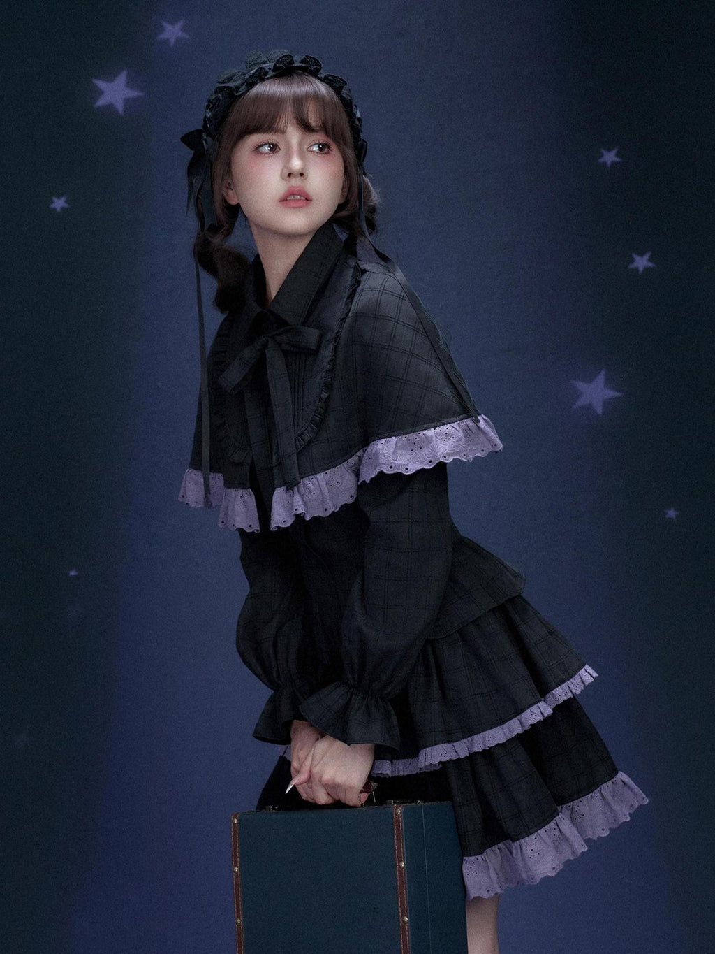 SagiDolls Black Purple Detachable Cape Tiered Skirt Women's Polyester Corset Mini Dresses