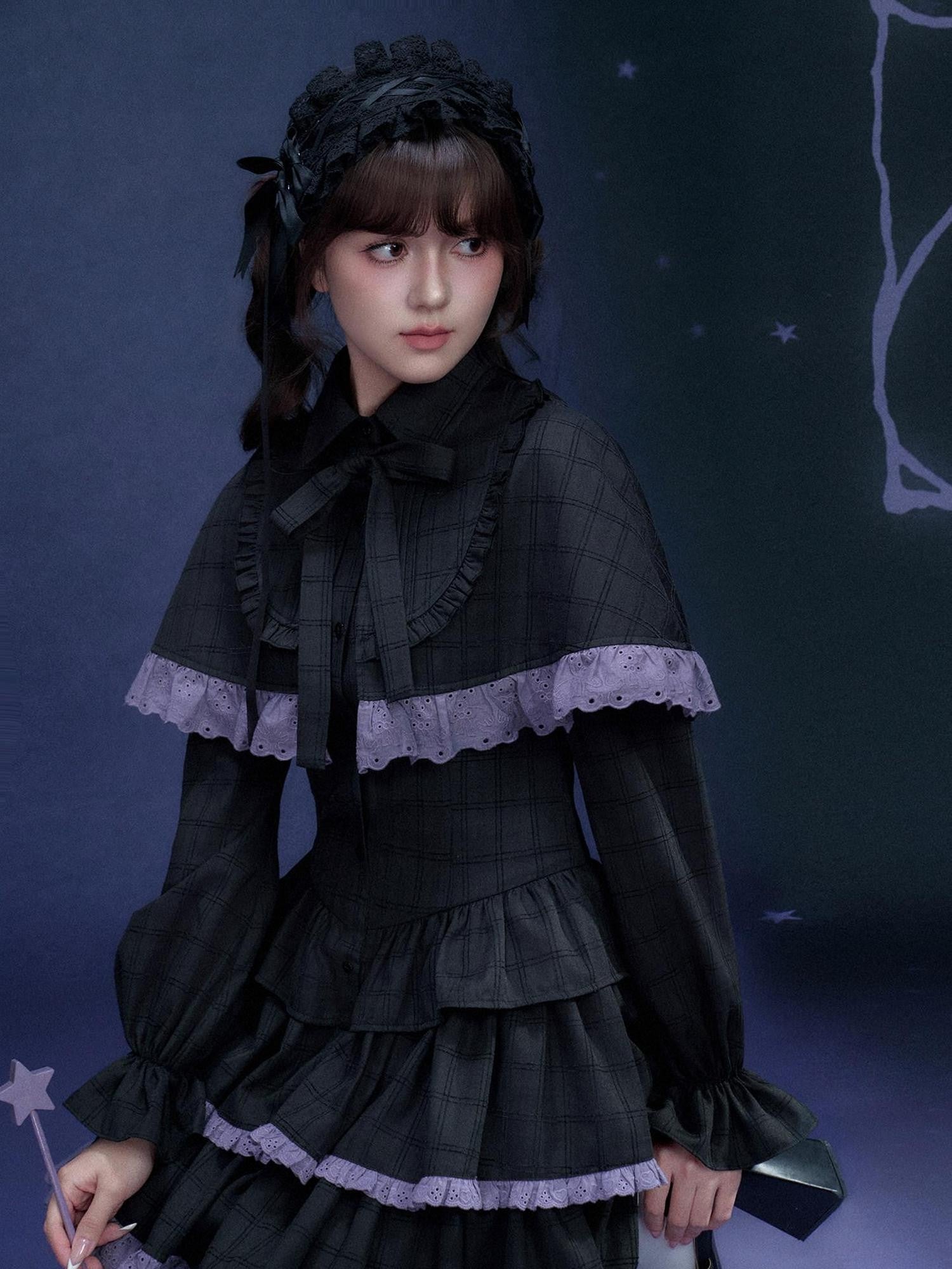 SagiDolls Black Purple Detachable Cape Tiered Skirt Women's Polyester Corset Mini Dresses