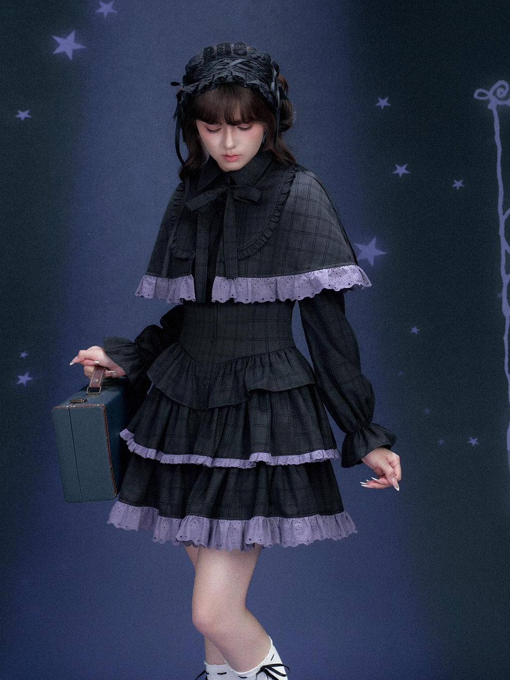 SagiDolls Black Purple Detachable Cape Tiered Skirt Women's Polyester Corset Mini Dresses