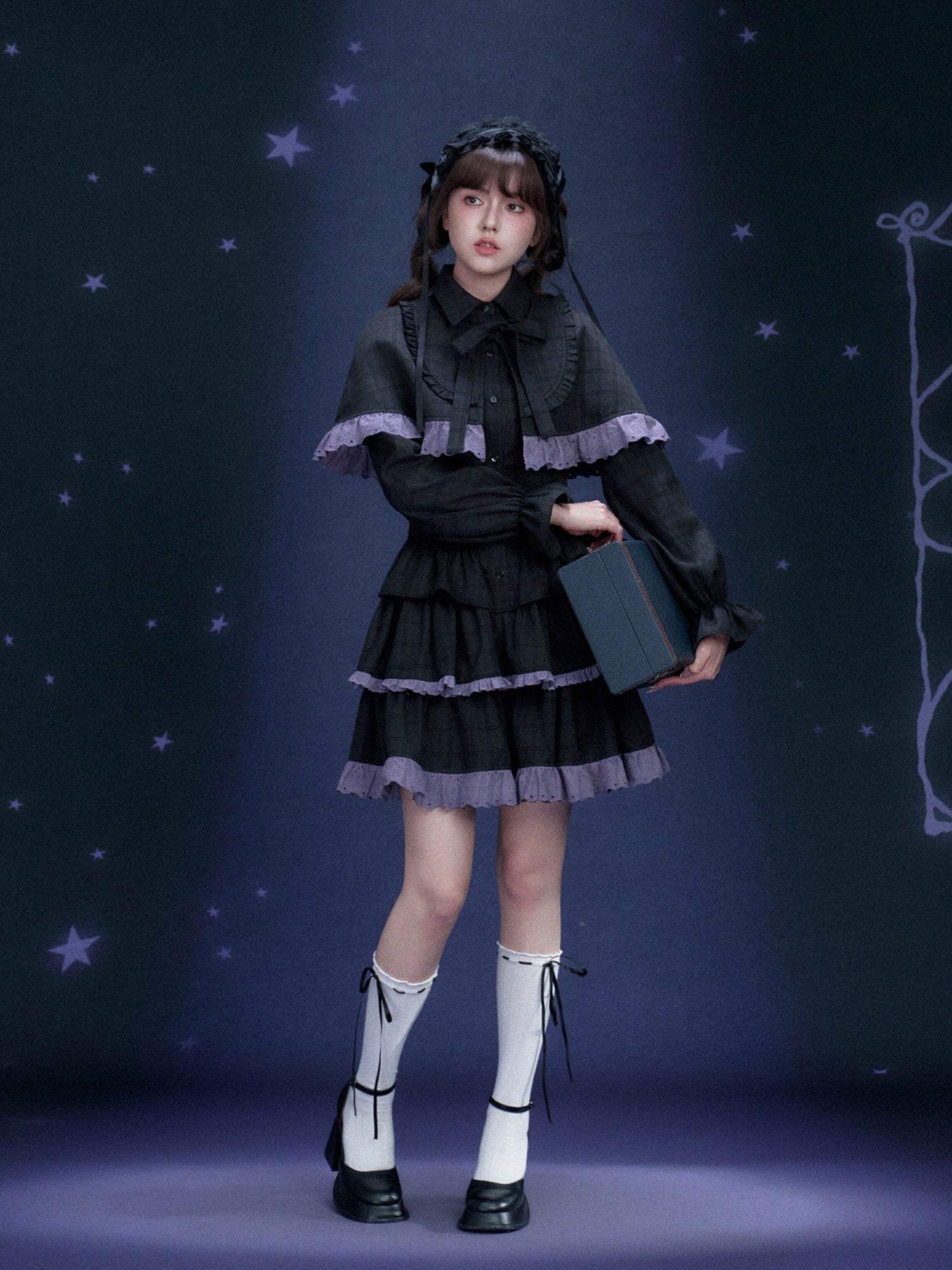 SagiDolls Black Purple Detachable Cape Tiered Skirt Women's Polyester Corset Mini Dresses