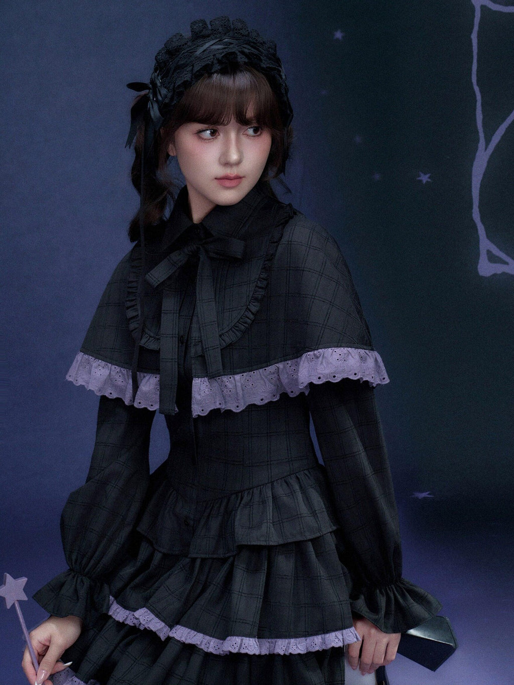 SagiDolls Black Purple Detachable Cape Tiered Skirt Women's Polyester Corset Mini Dresses