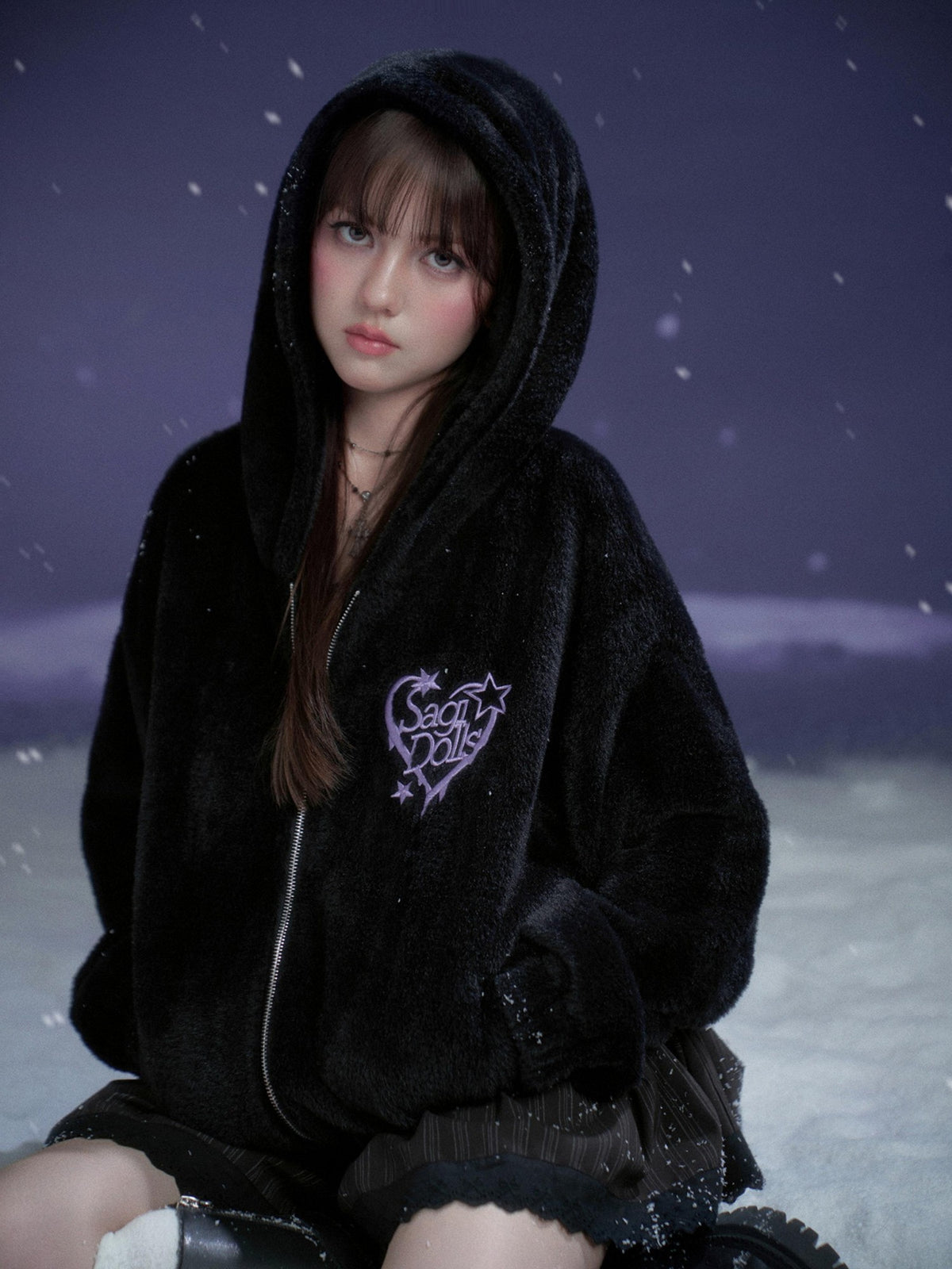 SagiDolls Black Purple Embroidered Heart Hooded Loose Women's Faux Fur Casual Jackets