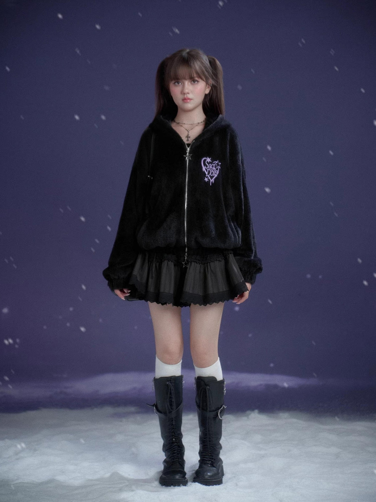 SagiDolls Black Purple Embroidered Heart Hooded Loose Women's Faux Fur Casual Jackets