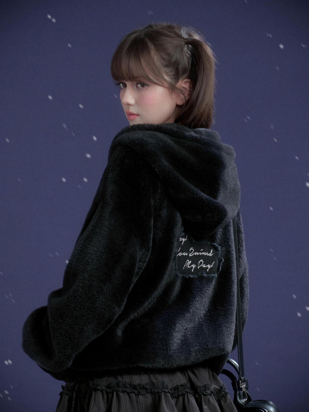 SagiDolls Black Purple Embroidered Heart Hooded Loose Women's Faux Fur Casual Jackets