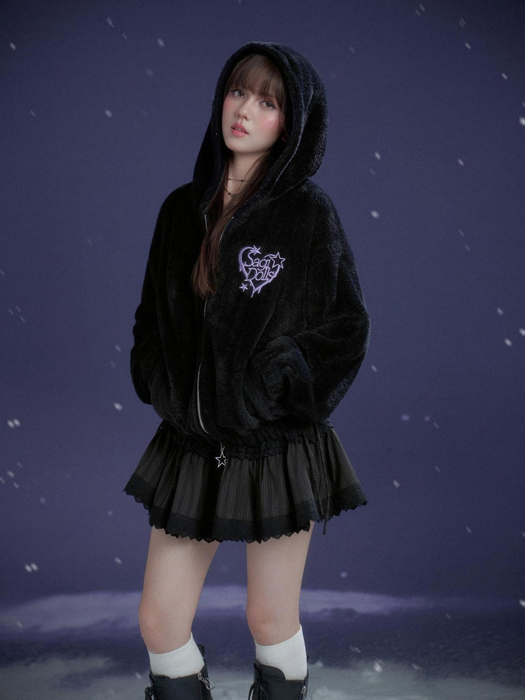 SagiDolls Black Purple Embroidered Heart Hooded Loose Women's Faux Fur Casual Jackets