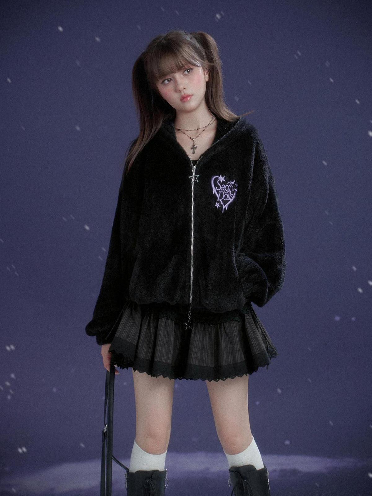 SagiDolls Black Purple Embroidered Heart Hooded Loose Women's Faux Fur Casual Jackets