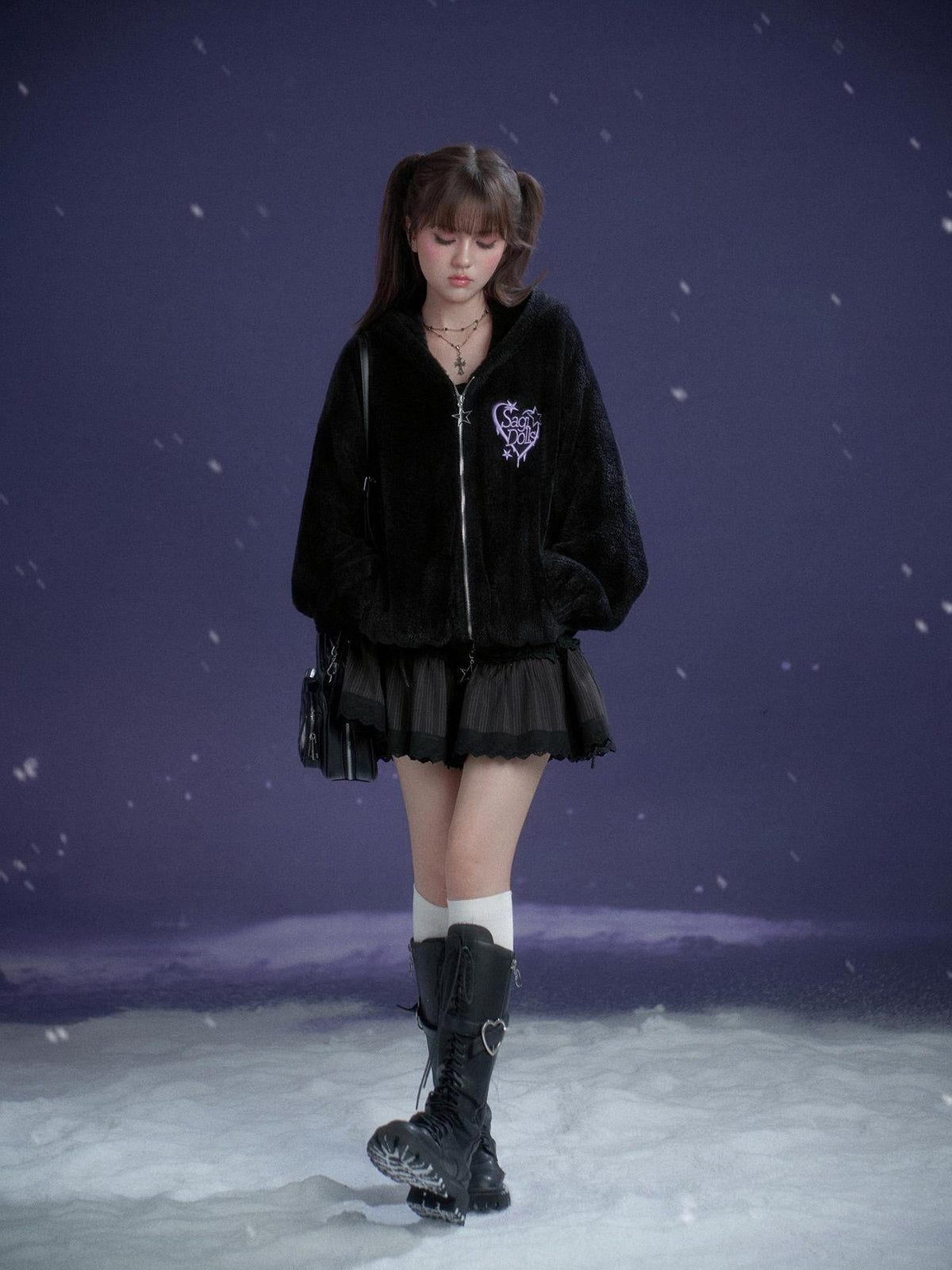 SagiDolls Black Purple Embroidered Heart Hooded Loose Women's Faux Fur Casual Jackets