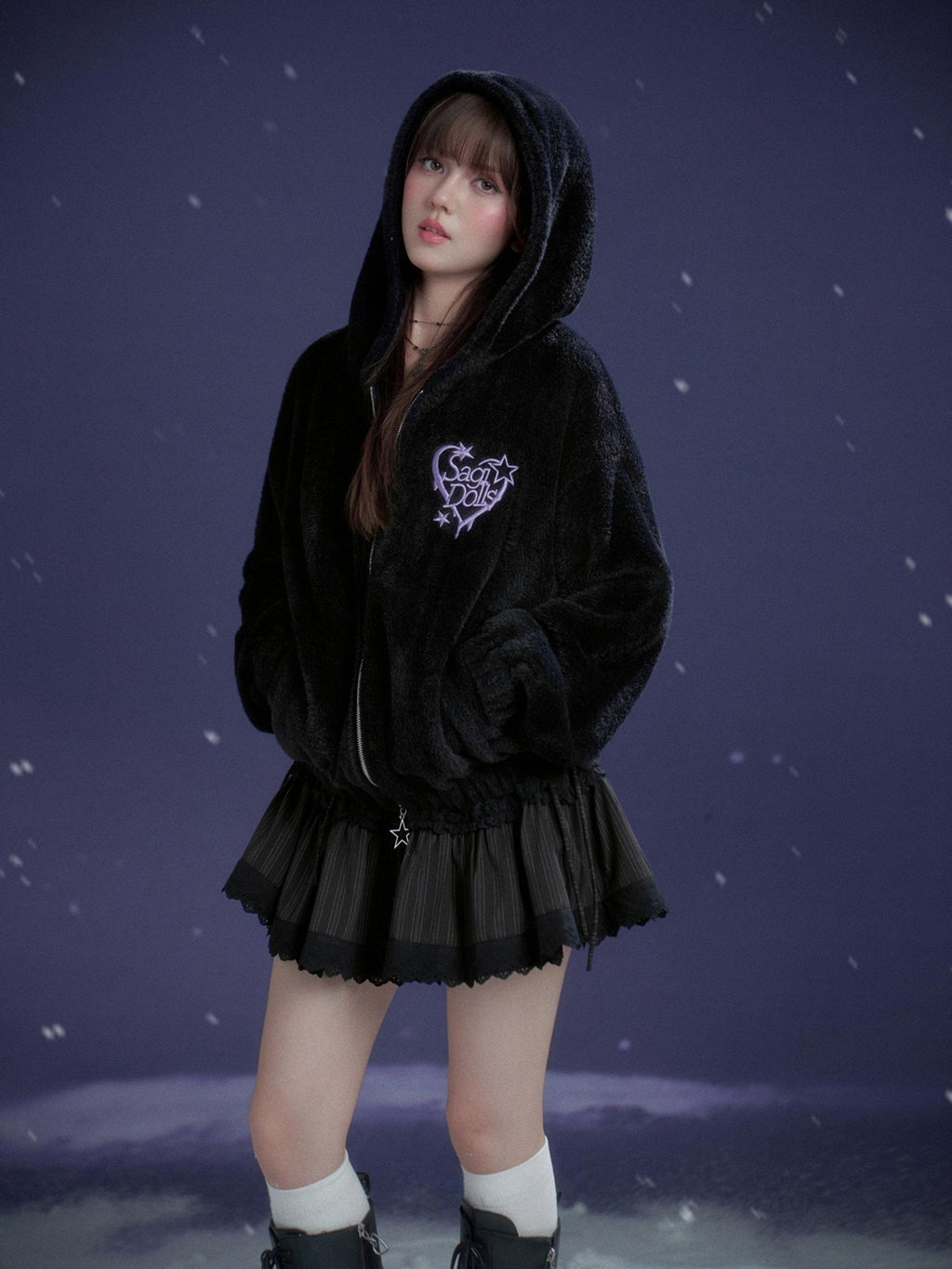 SagiDolls Black Purple Embroidered Heart Hooded Loose Women's Faux Fur Casual Jackets