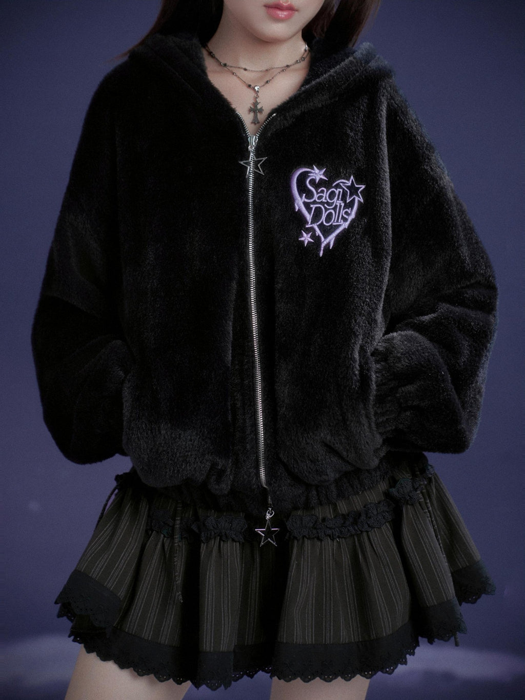 SagiDolls Black Purple Embroidered Heart Hooded Loose Women's Faux Fur Casual Jackets