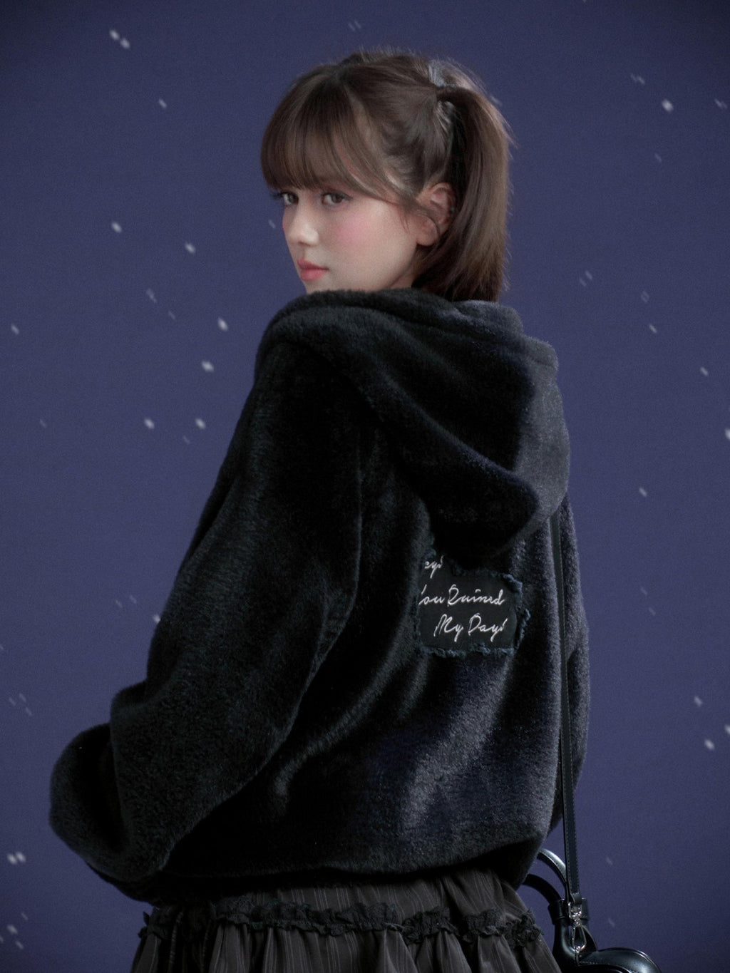 SagiDolls Black Purple Embroidered Heart Hooded Loose Women's Faux Fur Casual Jackets