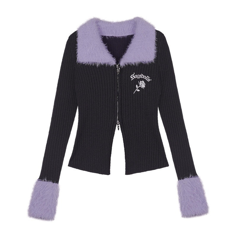 SagiDolls_Black_Purple_Embroidered_Lapel_Zip_Cropped_Slim_Women's_Nylon_Blend_Cardigans_846254523752_MISSTT