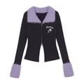 SagiDolls_Black_Purple_Embroidered_Lapel_Zip_Cropped_Slim_Women's_Nylon_Blend_Cardigans_846254523752_MISSTT