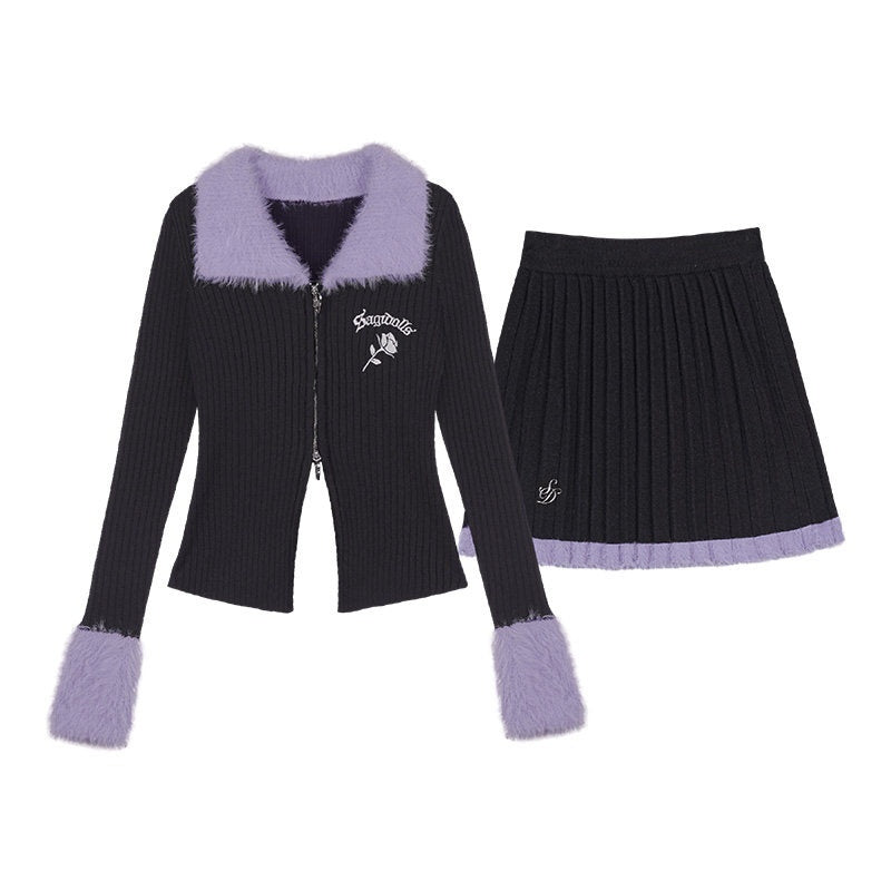 SagiDolls_Black_Purple_Embroidered_Lapel_Zip_Cropped_Slim_Women's_Nylon_Blend_Cardigans_846254523752_MISSTT