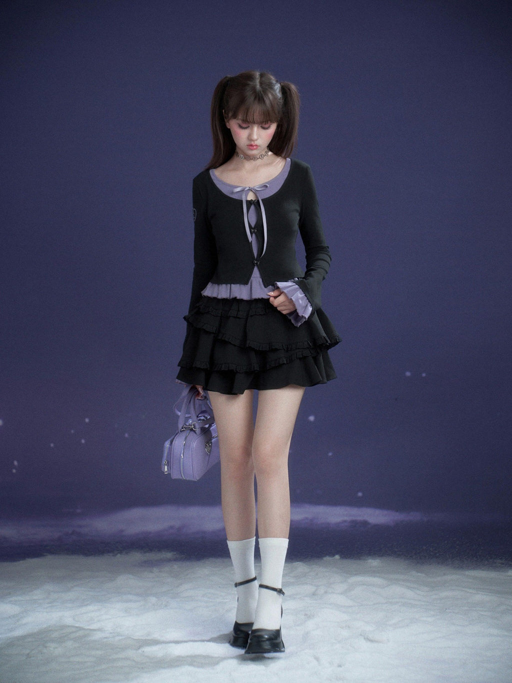 SagiDolls Black Purple Embroidered Ruffle Layered Women's Cotton Long Sleeve T-shirts
