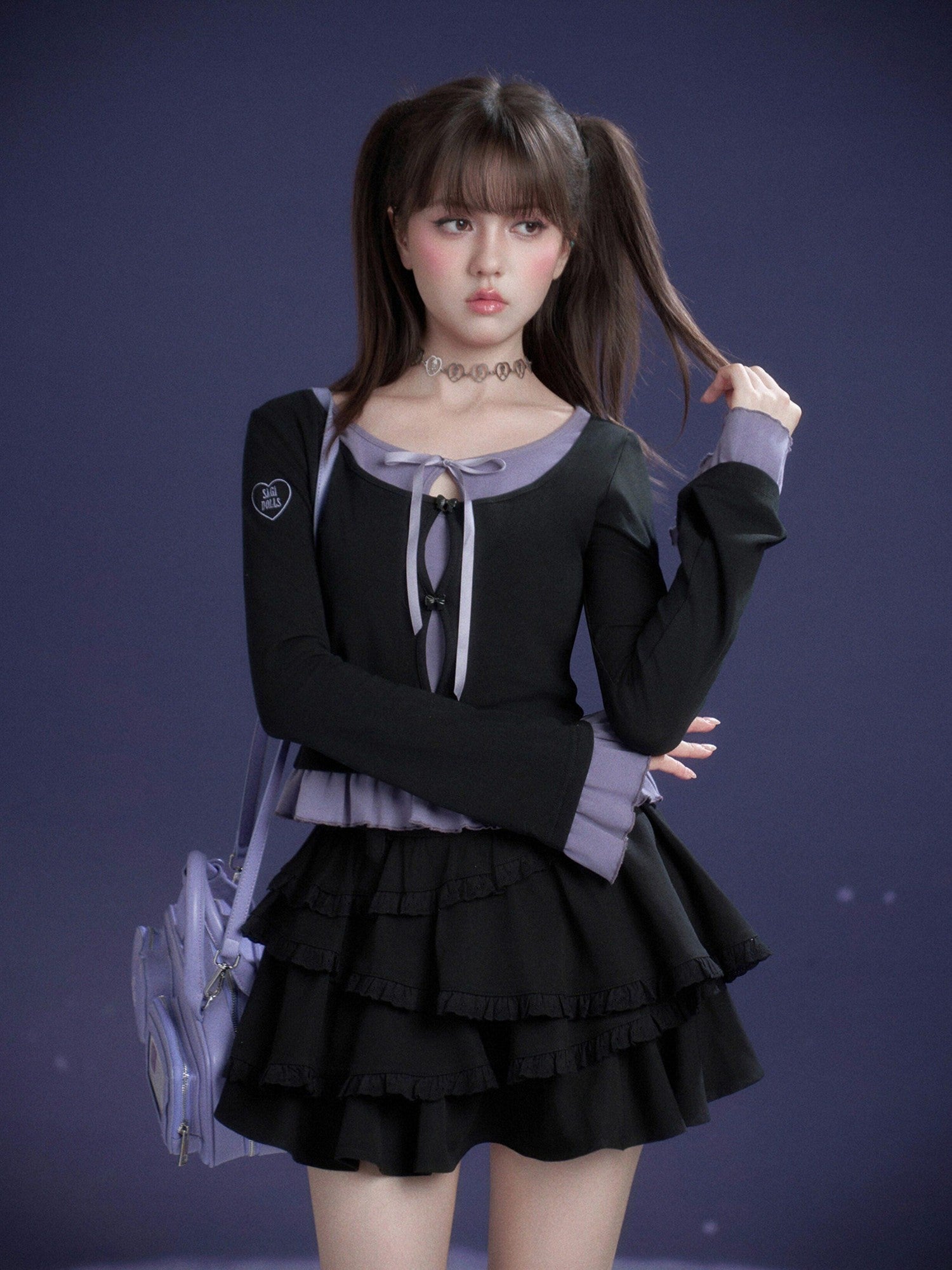 SagiDolls Black Purple Embroidered Ruffle Layered Women's Cotton Long Sleeve T-shirts