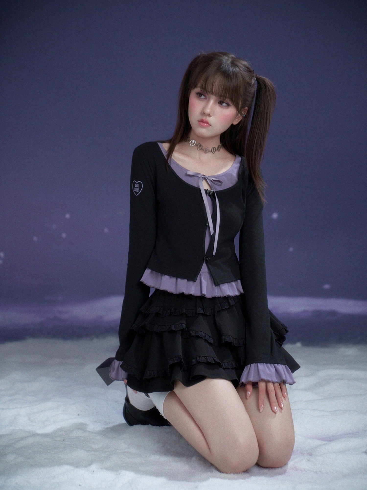 SagiDolls Black Purple Embroidered Ruffle Layered Women's Cotton Long Sleeve T-shirts