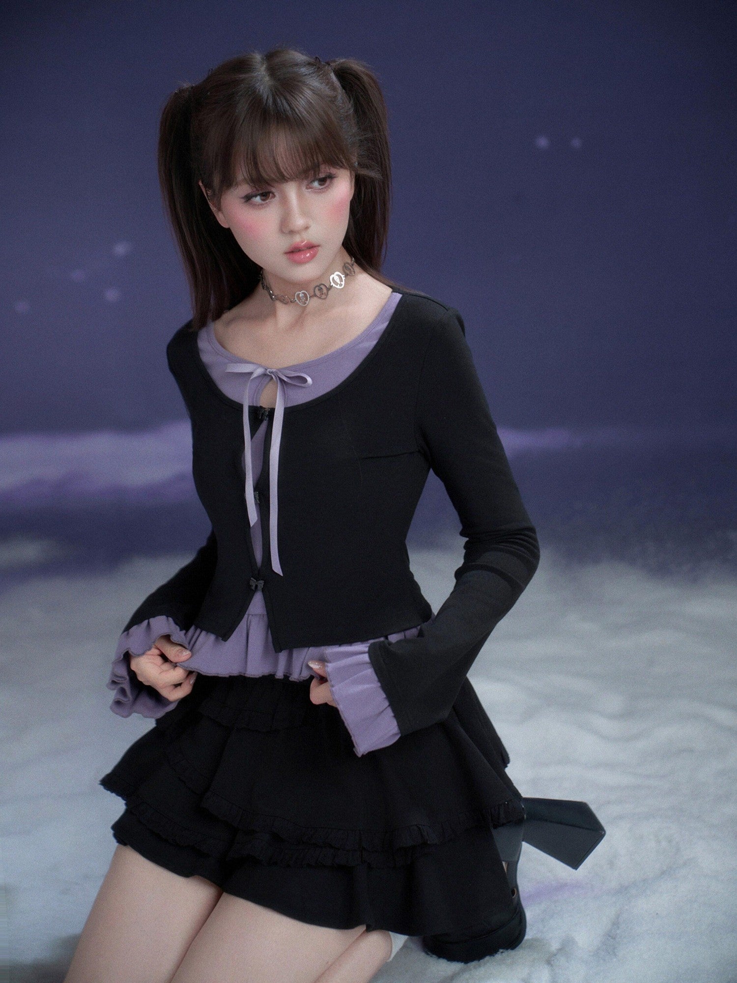 SagiDolls Black Purple Embroidered Ruffle Layered Women's Cotton Long Sleeve T-shirts