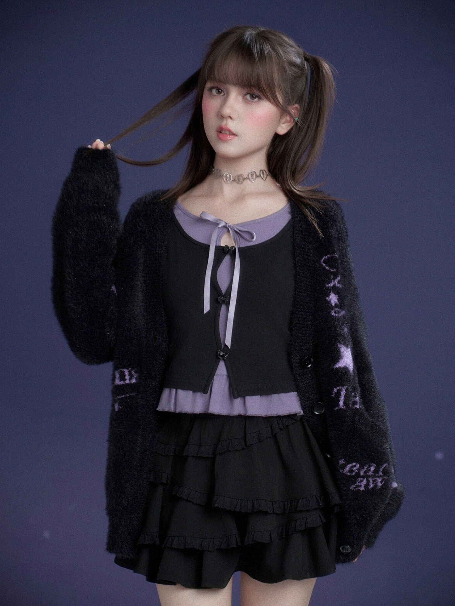 SagiDolls Black Purple Embroidered Ruffle Layered Women's Cotton Long Sleeve T-shirts