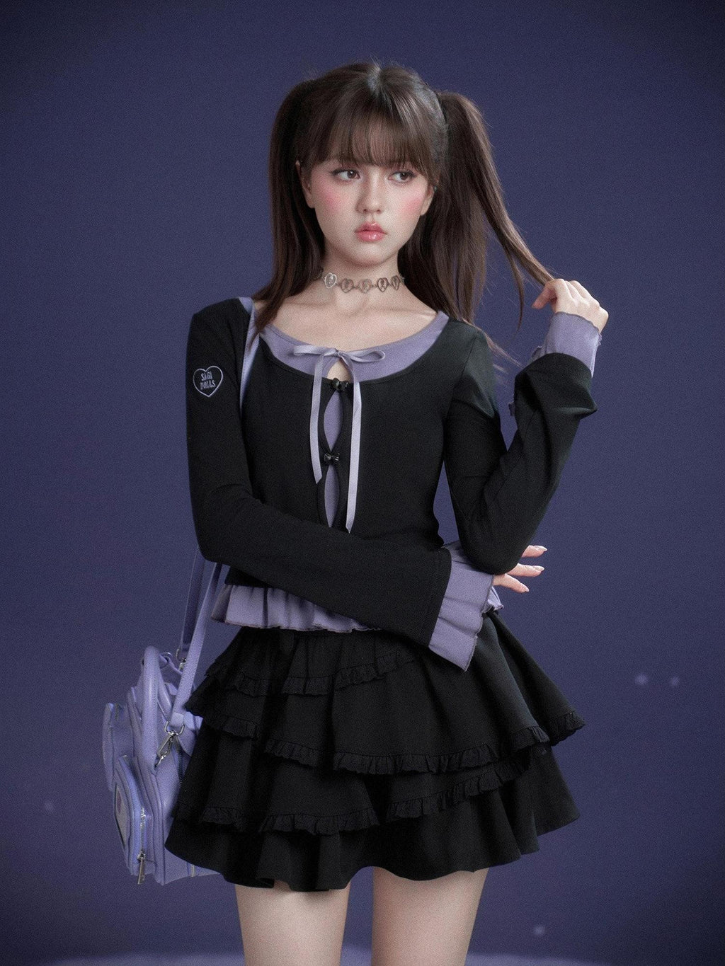 SagiDolls Black Purple Embroidered Ruffle Layered Women's Cotton Long Sleeve T-shirts