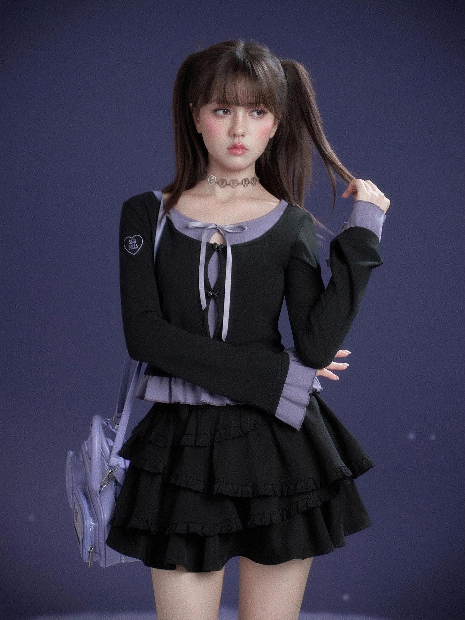 SagiDolls Black Purple Embroidered Ruffle Layered Women's Cotton Long Sleeve T-shirts