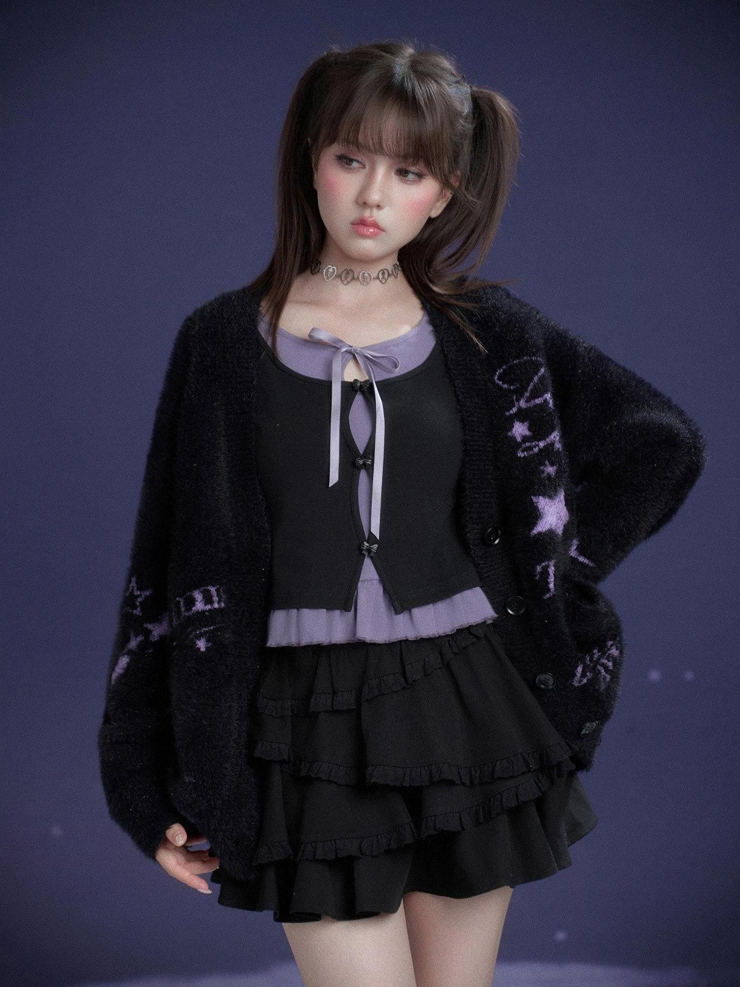 SagiDolls Black Purple Embroidered Ruffle Layered Women's Cotton Long Sleeve T-shirts