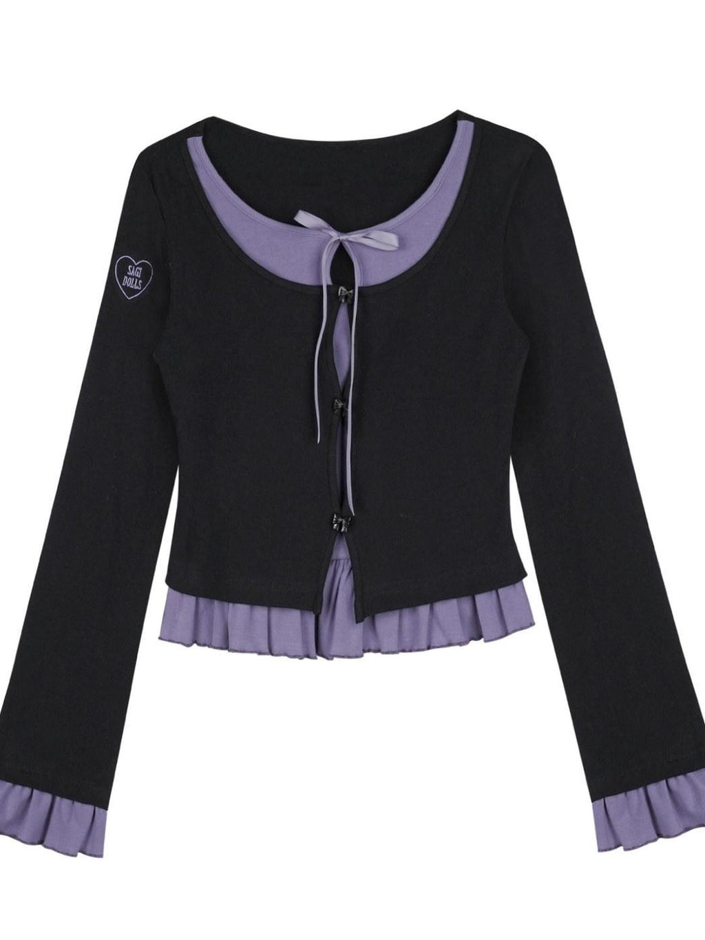 SagiDolls Black Purple Embroidered Ruffle Layered Women's Cotton Long Sleeve T-shirts