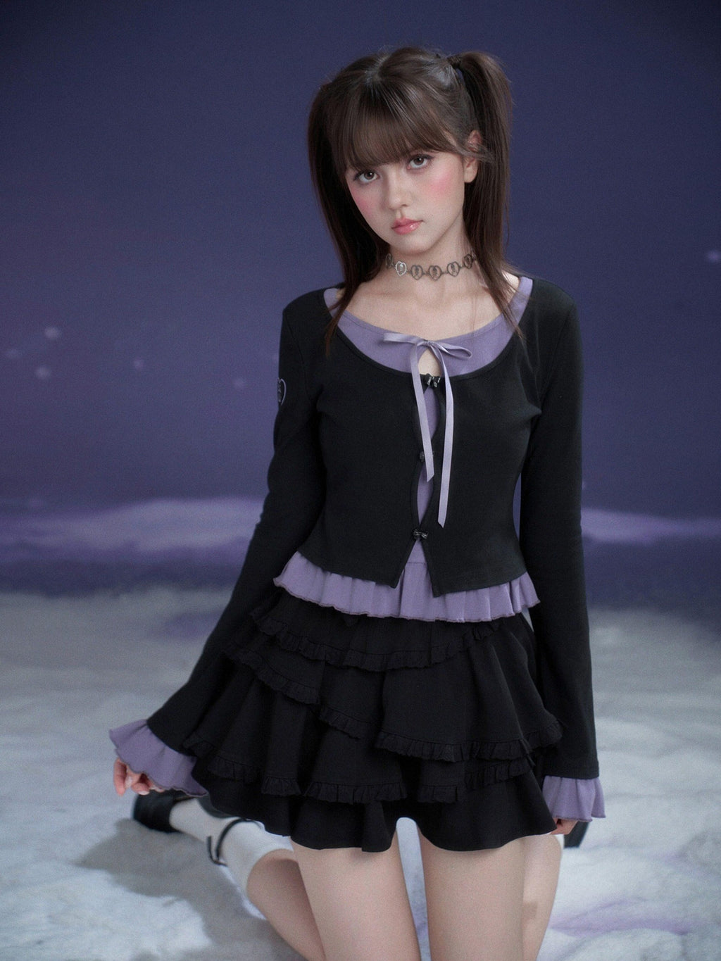 SagiDolls Black Purple Embroidered Ruffle Layered Women's Cotton Long Sleeve T-shirts