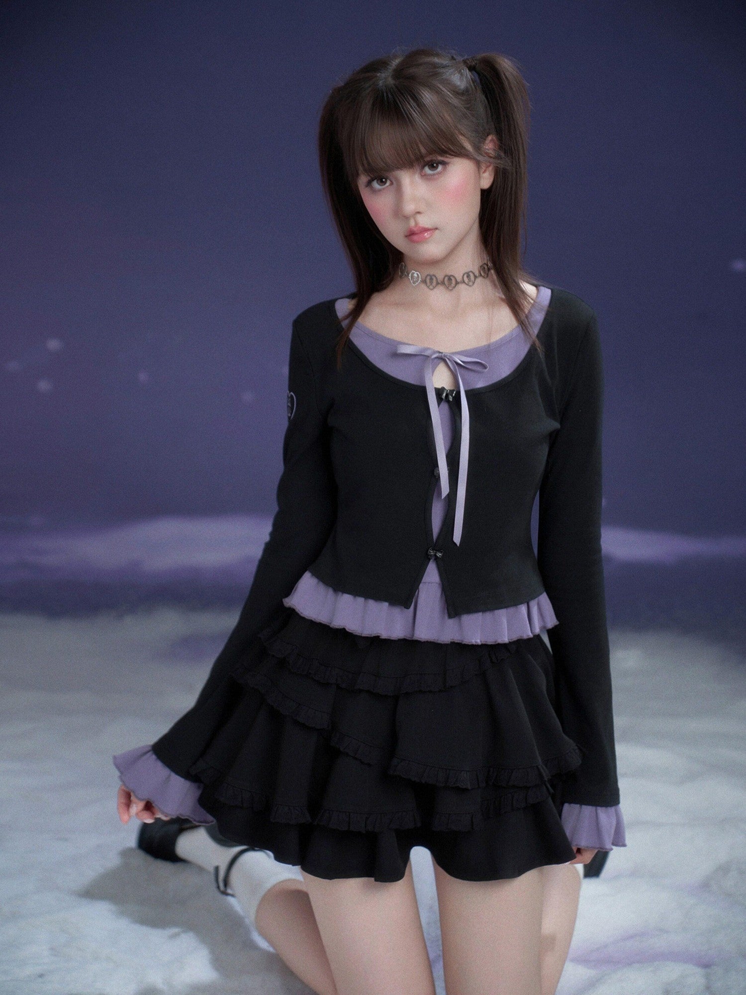 SagiDolls Black Purple Embroidered Ruffle Layered Women's Cotton Long Sleeve T-shirts