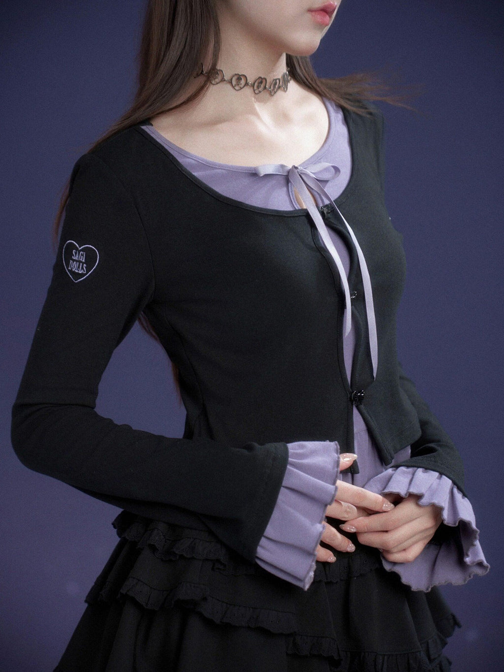 SagiDolls Black Purple Embroidered Ruffle Layered Women's Cotton Long Sleeve T-shirts